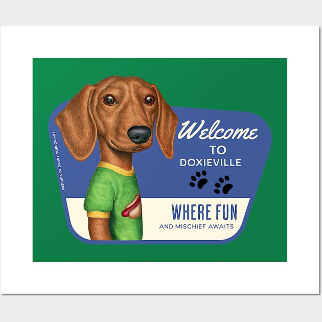 Cute Doxie with green tee in Doxieville, USA Wall Art by Danny Gordon Art